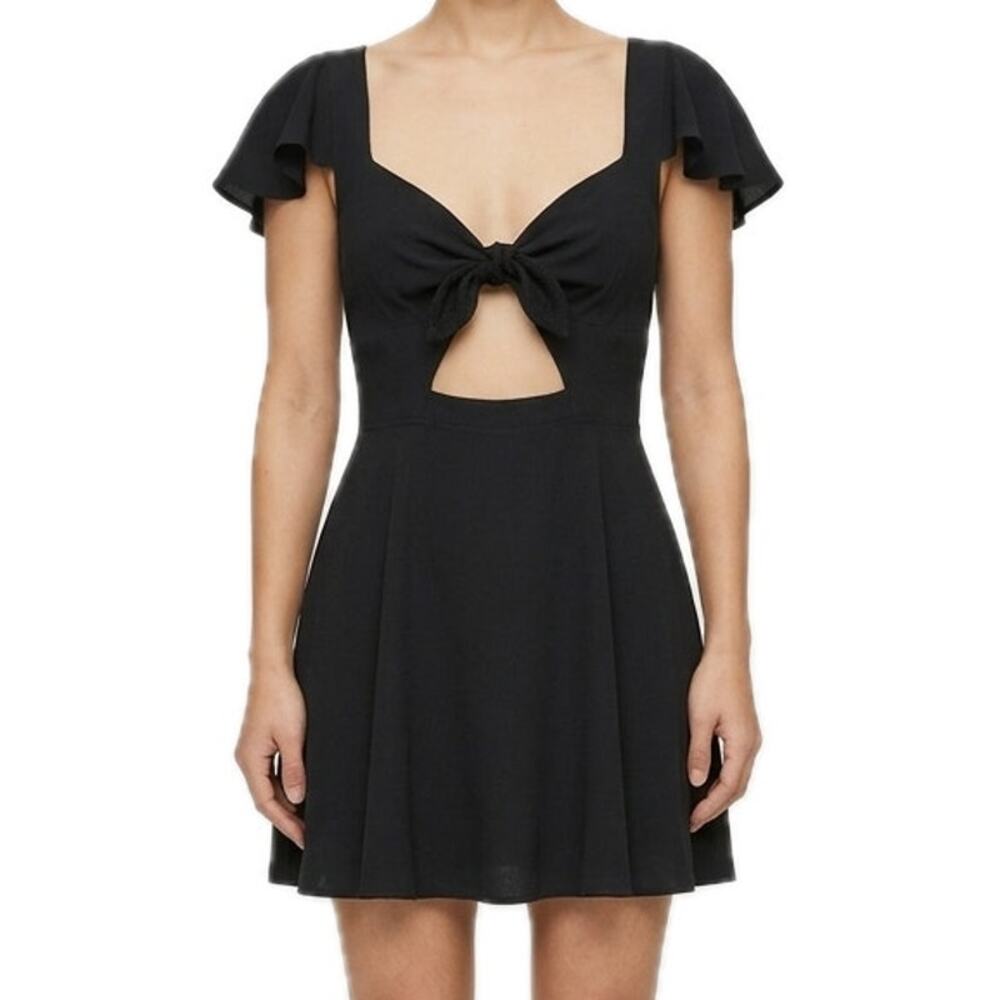 Reformation Black Midriff Cut Out Tie Front Mini Flutter Sleeve Dress sz S OOAK